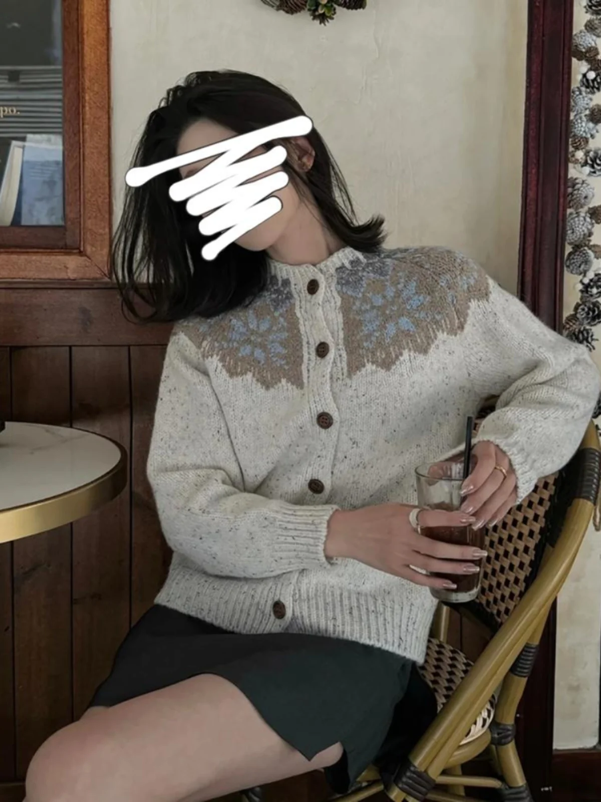 Корейская серия жаккардовый вязаный свитер с круглым вырезом и длинными