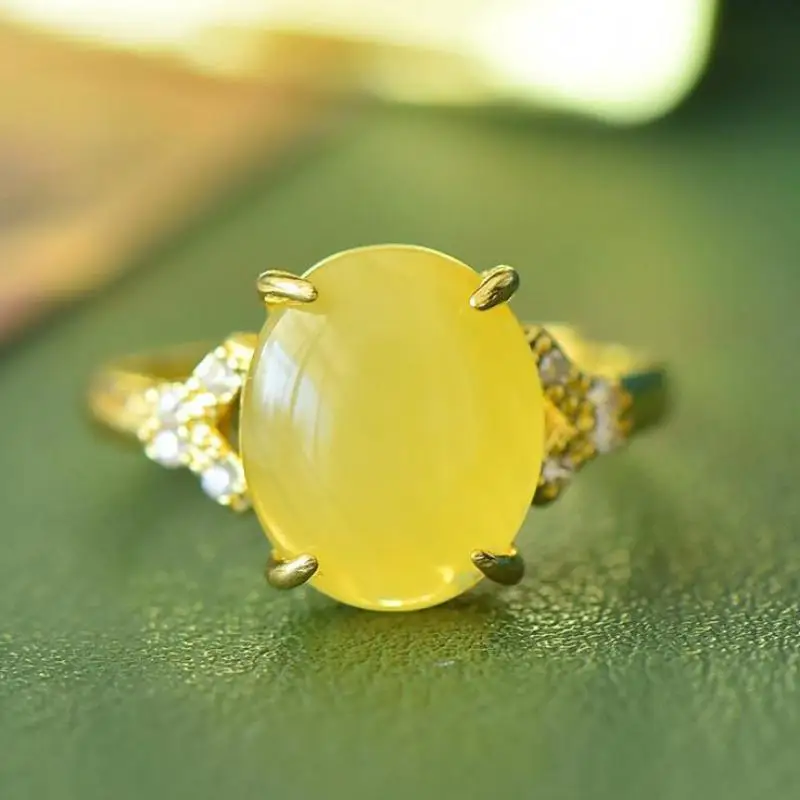 

Genuine Baltic Amber Rings Women Healing Gemstone Fine Jewelry Natural Yellow Ambers Zircon Ring Adjustable Anillos Mujer