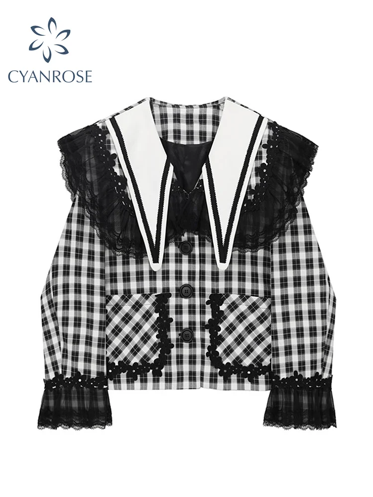 

Женское винтажное кружевное пальто в клетку, свободное повседневное однобортное пальто с воротником-лодочкой и длинным рукавом, 2022