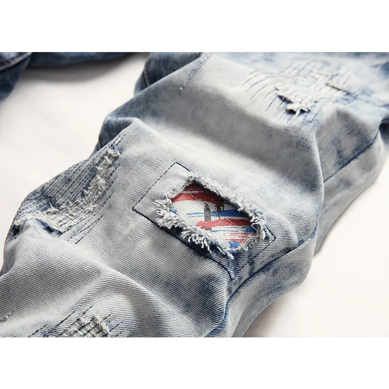 Fashion Streetwear Men Jeans Hole Patch Embroidery Nostalgic Elastic Small Straight Ripped Jeans Full Length Denim Pants