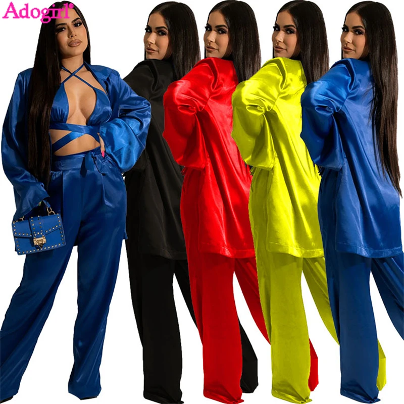 Adogirl Satin 3 Piece Sets Women Silky Glossy Lace Up Bra Long Sleeve Shirt Cardigan Top Wide Leg Pants Casual Autumn Suits