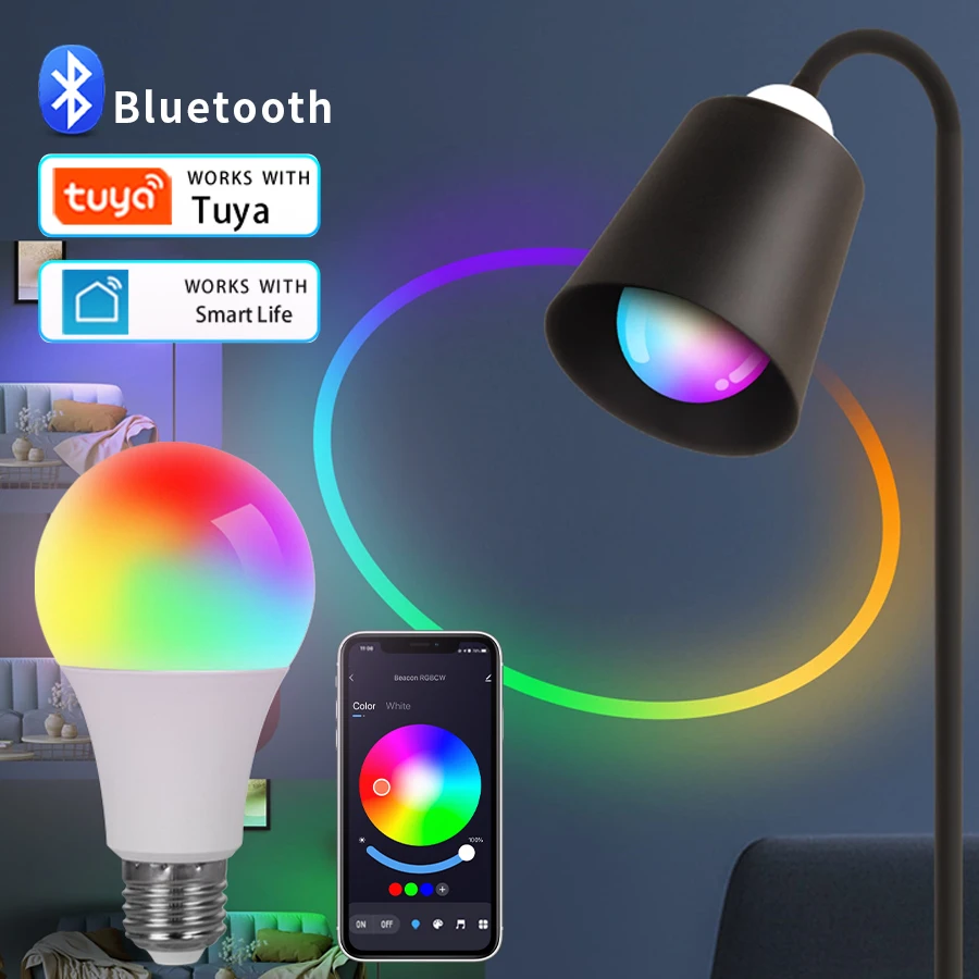 

Умная Светодиодная лампа Tuya E27 с Bluetooth, RGB-лампа с регулируемой яркостью, белого цвета, с управлением через приложение, 110 В, 220 В, украшение для ...