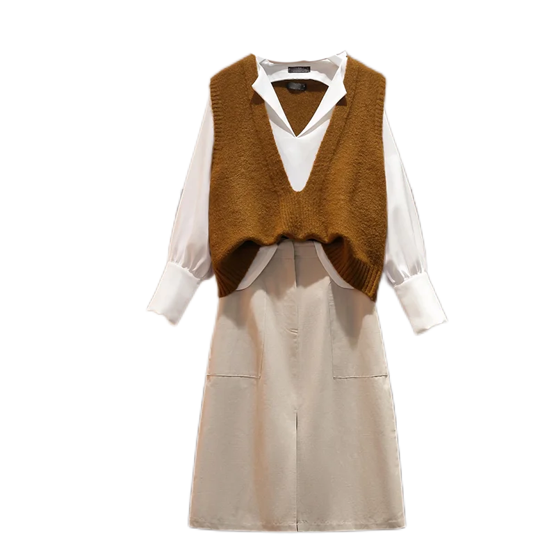 Женский элегантный костюм белая рубашка + вязаный свитер жилет и юбка модель 2022