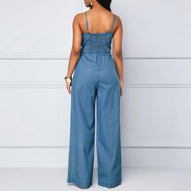 2023 Summer Women Denim Jumpsuit Fashion High Waist Wide Leg Long Pants Romper Front Tie Knotted Jeans V-neck Overalls Playsuits