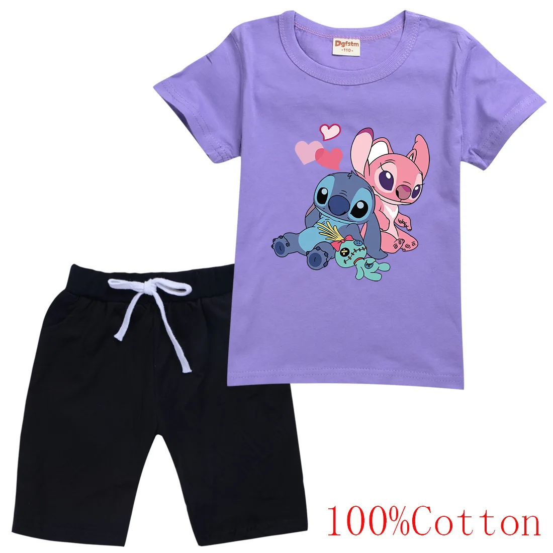 

2022 New Disney Stitch Cartoon Cotton Clothes Teen Toddler Girls Tops + Shorts 2 Piece Sports Suits Kids Clothing Boys T Shirts
