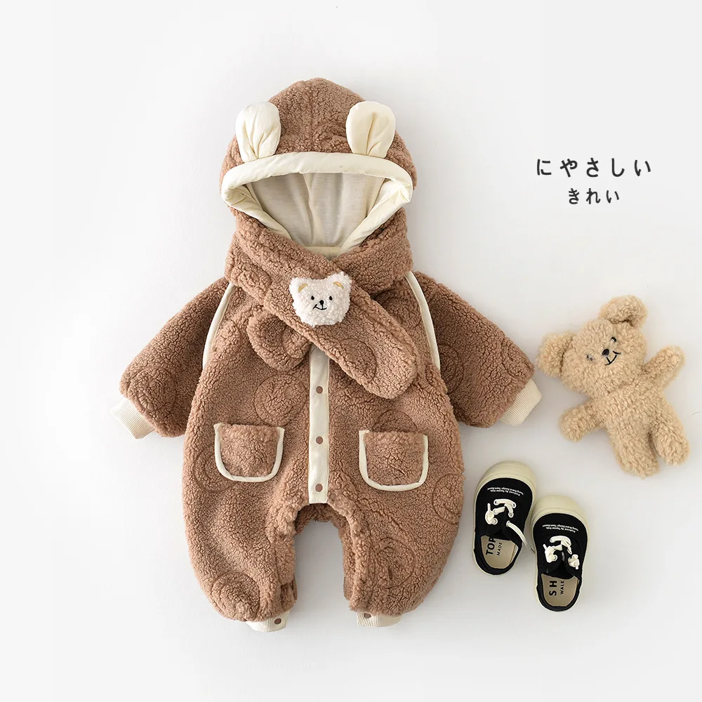 

Winter Baby Clothes Fur Lining Boys Rompers Thicken Girls Jumpsuits Free Scarf