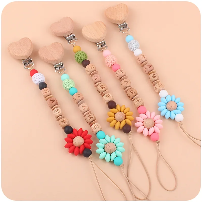 

1pc Baby Pacifier Clips Chain Sunflower Personalized Name Wood Pacifier Clips Safe Teething Chain Soother Chew Toy 29cm Clips
