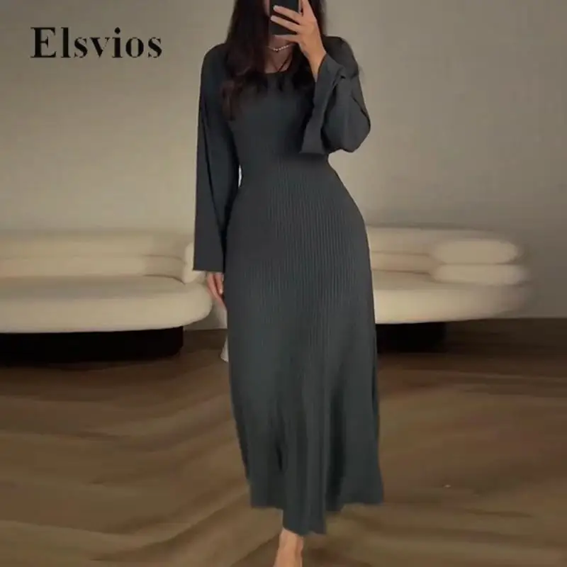 

Fashion Flare Sleeve Women Long Dress Simple Casual Career Ladies Solid Slim Bodycon Dress Elegant O Neck Pullover Party Dresses