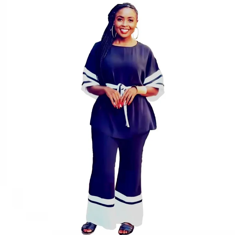

L-3XL Pants Two Piece Set Fashion African Suit Women Solid T-Shirt Long Wide Leg Pants Casual Matching Home Outfits Spring Summe