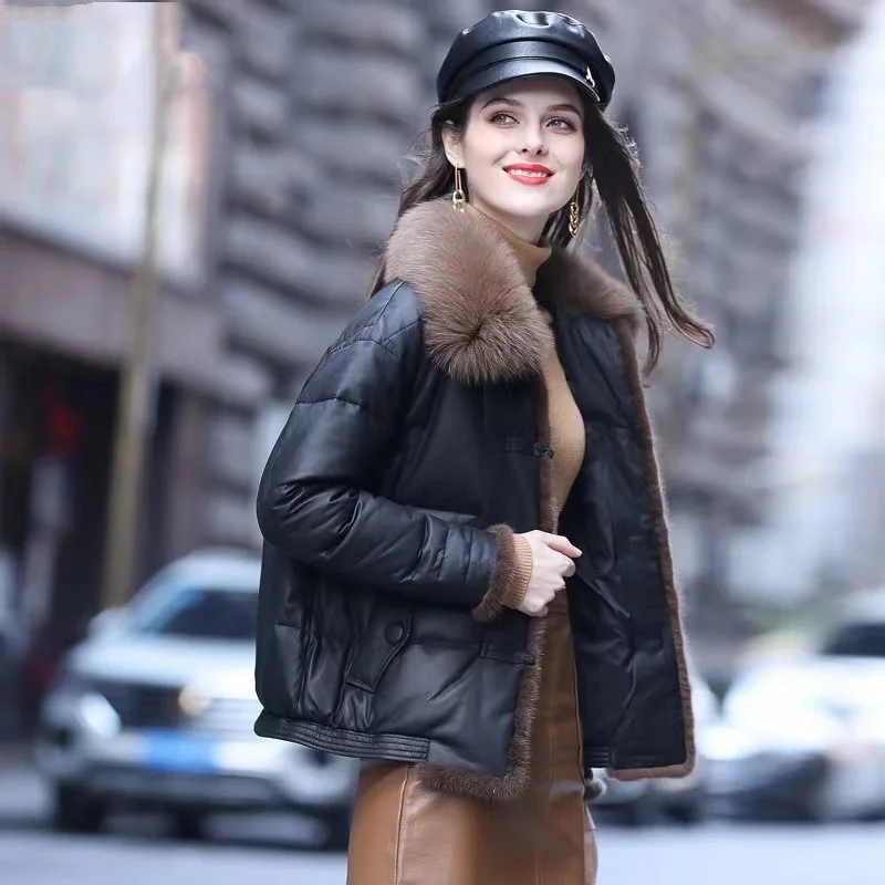 

Winter New 2021 High Quality Genuine Leather Down Jacket Women's Short Fashion Leather Sheepskin Fox Fur Square Collar Coat