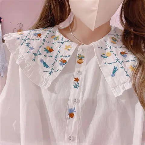 Рубашка с воротником «Питер Пэн», женская блуза с цветочной вышивкой, оборками, в французском ретро стиле, свободная стильная одежда с длинным рукавом