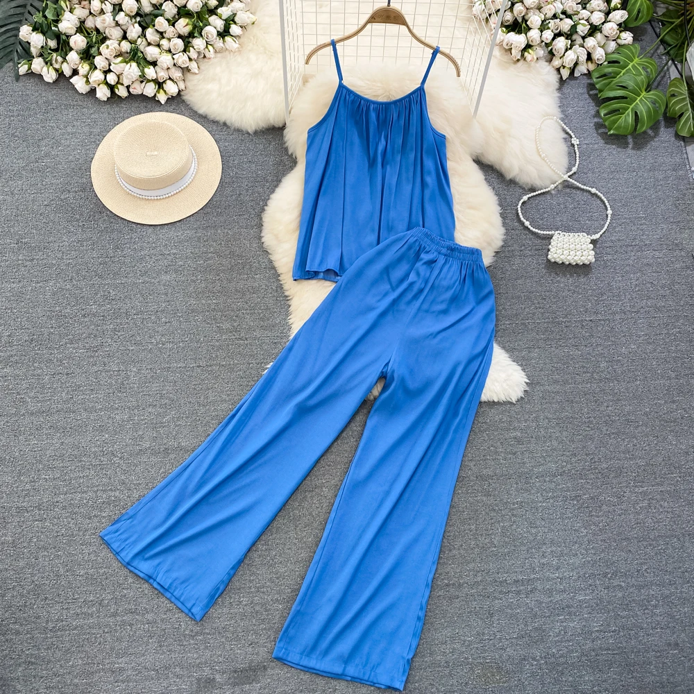 

Women Summer Fashion Vintage Pantsuit Spaghetti Strap Tanks Tops High Waist Trousers Suit Female Chic Solid Clothes 2 Pieces Set