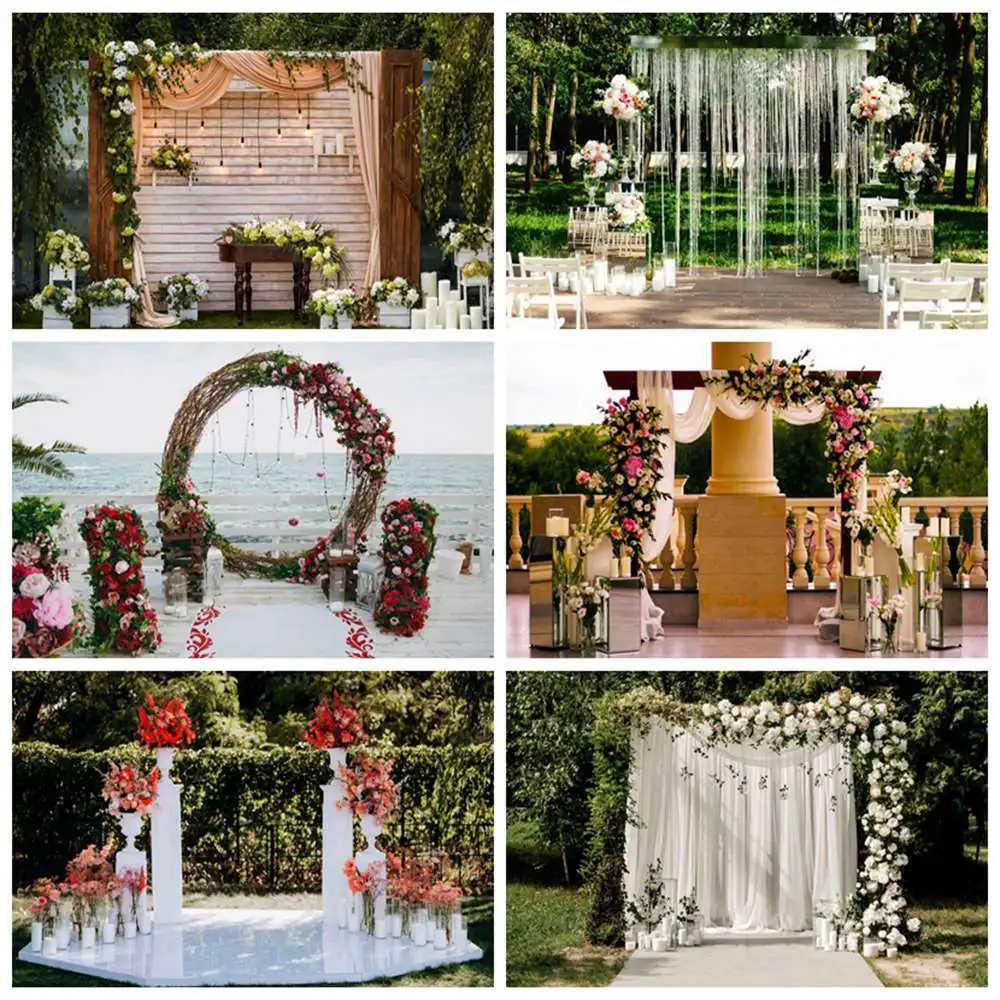 

Wedding Decoration Photography Backdrops Curtain Door Wreath Pure White Tile Platform Stage Flowers Green Grass Photo Background