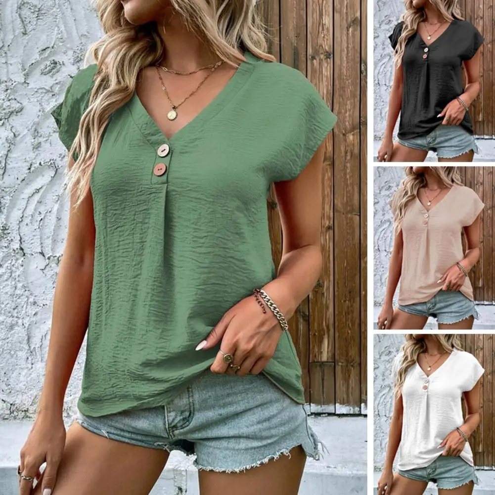

Women's Summer Tops Casual Fashion Button T-Shirt Female Short Sleeve Oversized V-Neck Printed Shirts