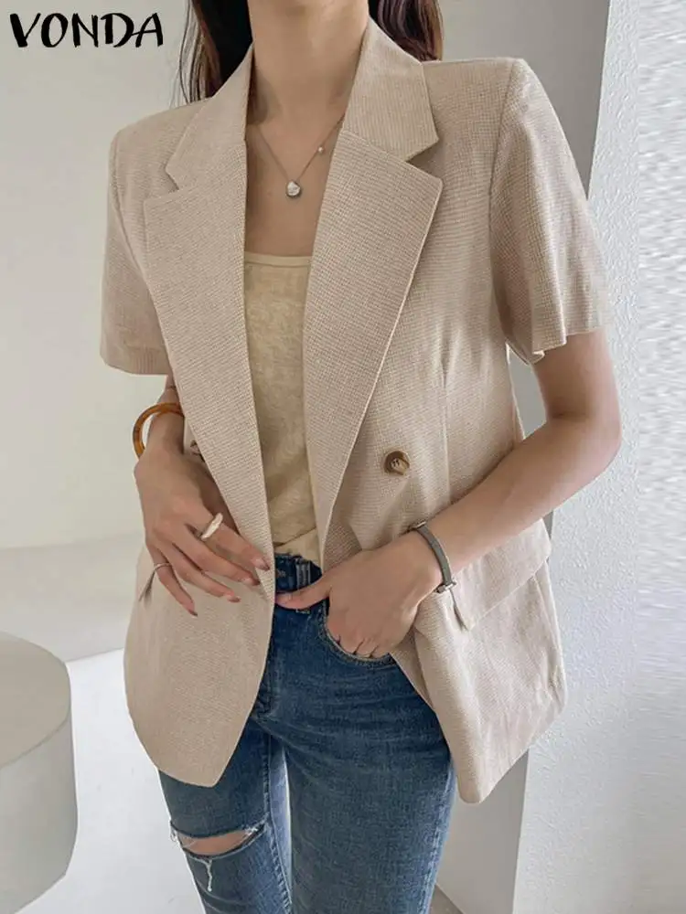 Office Lady Blazer 2023 VONDA Fashion Women Coats Blazer Casual V-neck Short-Sleeve Outwears Oversized Coats Femininas
