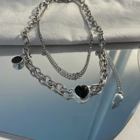 hip hop double layer titanium steel thick chain black heart necklace for women fashion autumn winter sweater chain trend jewelry