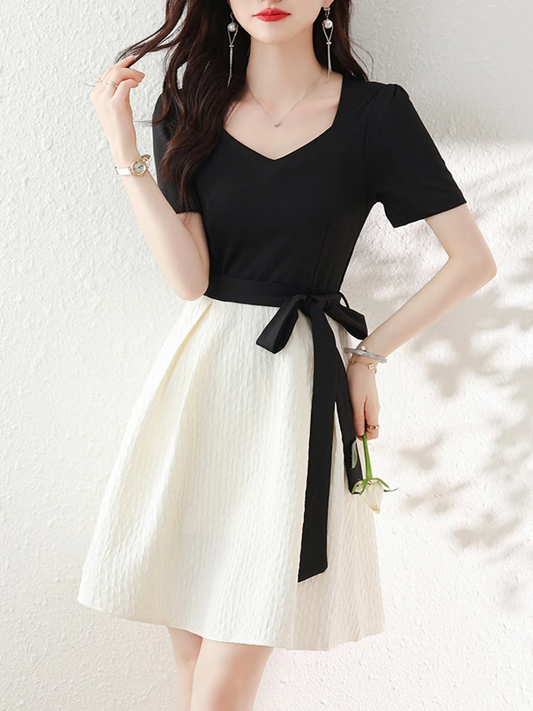 

Women Casual Fake Two Piece Mini Dress 2023 Summer Sexy V Neck Short Sleeve Slim Belt A-Line Party Dress Lady Clothes
