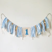 First Kids Birthday Party Highchair Garland 1 2 3  Light Blue Prince Backdrops Decoration Baby Shower Crown Highchair Banner