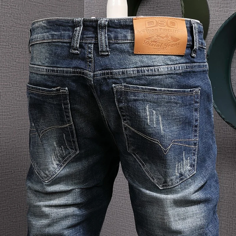 Fashion Designer Men Jeans Retro Washed Blue Elastic Slim Fit Ripped Jeans Men Casual Trendy Trousers Vintage Denim Pants Hombre