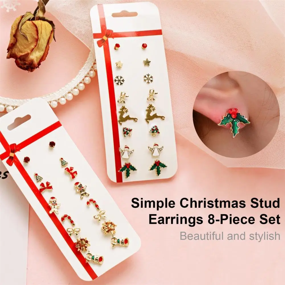 

8 Pairs/Set Bowknot Rhinestone Festive Women Earrings Christmas Tree Cane Snowman Stud Earrings Classic Jewelry
