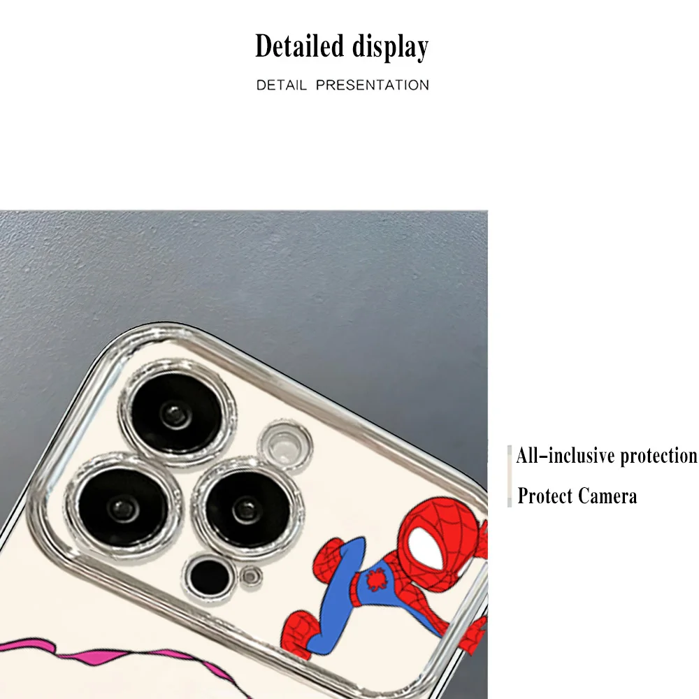 Phone Case For iPhone MINISO S-Spiders M-Man Couple 12 11 13 14 15 16 Max Pro Plus Electroplated Large Window Lens