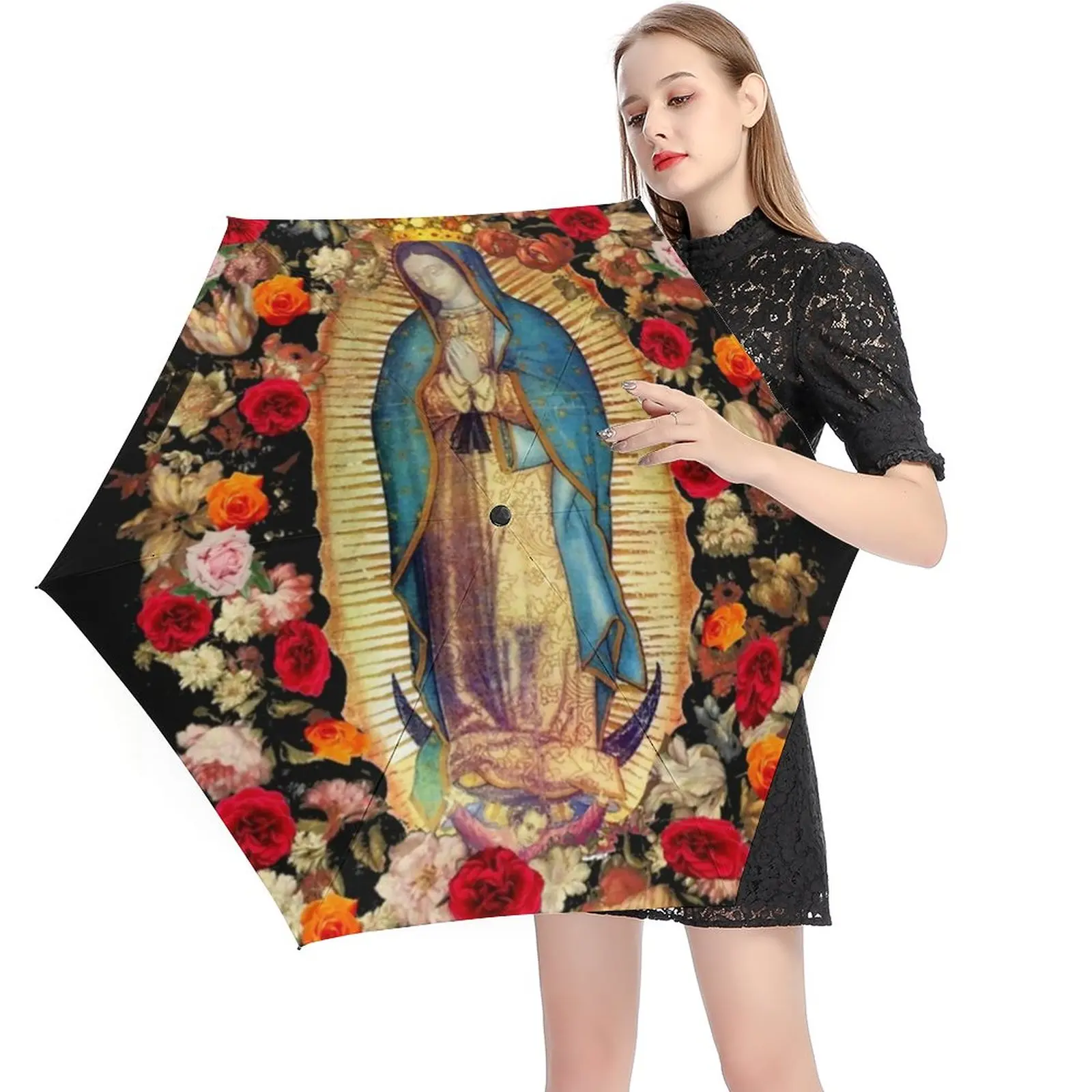 

Мексиканская Дева Мария 5 раз 6 ребер зонтик с цветочным принтом портативный карманный зонтик защита от УФ-лучей зонты для мужчин женщин