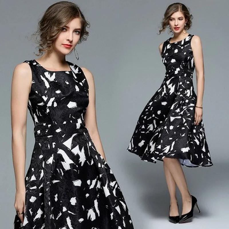 

Women's Dress Printing Party Girl's O-neck High Waist Sleeveless Fashion Elegant Office Lady Female Clothing