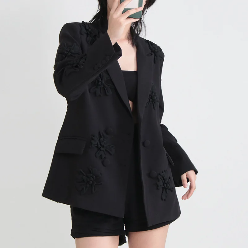 2023 Summer New Women's Temperament Suit, Long-sleeved Buckle Lapel Three-dimensional Flowers Stitching Solid Color Jacket for W