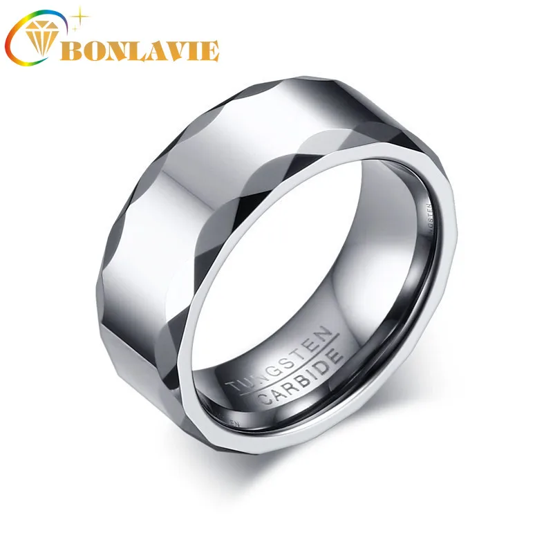 

BONLAVIE 8mm Tungsten Carbide Ring Men's Polished Finish Beveled Edge Wedding Band Ring
