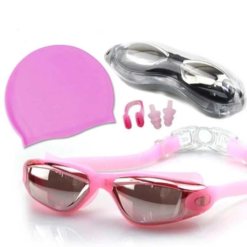 

Плавательные противотуманные плавательные очки, набор шапок, затычки для ушей, водонепроницаемые силиконовые зажимы для носа, набор очков для взрослых