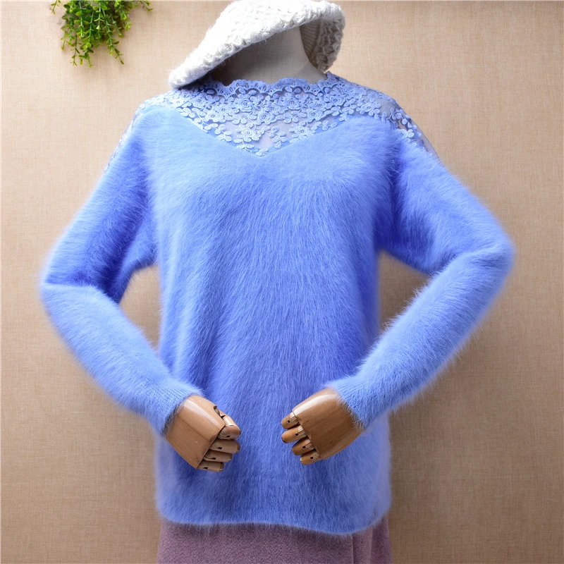 

Женская осенне-зимняя синяя кружевная пушистая Сексуальная норковая кашемировая вязаная облегающая блузка с круглым вырезом пуловер из ангоры джемпер свитер