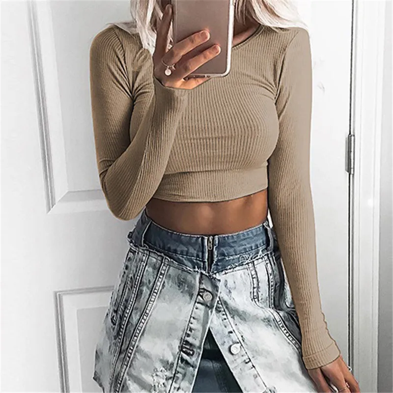 

Casual Long Sleeve Basic Solid T-shirts Stretch Ribbed Knitted Crop Top 2022 Autumn Women O-Neck Short Tee Bottoming Shirt M0164