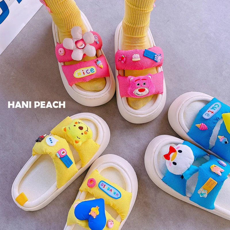

Summer Women Slippers Bear Slides Cartoon Cute Linen Thick Platform Home Ladies Shoes Soft Breathable Animals Sandals Flip Flops