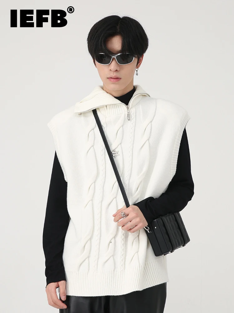 

Мужской пуловер IEFB, новинка, Осень-зима, корейская мода, металлическая молния, плечевая накладка, высокий воротник, вязаный жилет, мужской св...