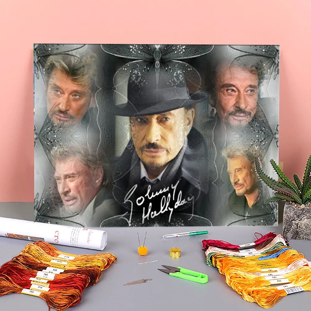 

Johnny Hallyday Printed Fabric 11CT Cross Stitch DIY Embroidery Full Kit DMC Threads Craft Sewing work Handmade Different