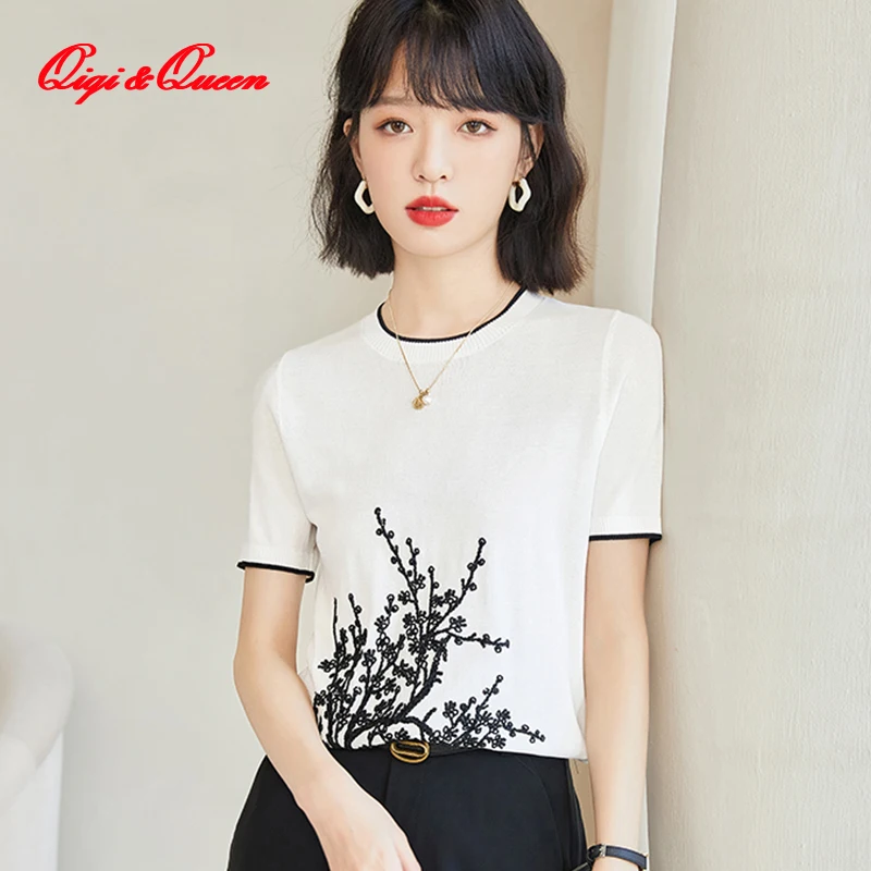 

Qiqi&queen 2023 Summer New Short-Sleeved Embroidered T-shirt Ice Silk Sweater Thin Clothing Section Pullover Ladies Tops Blouse