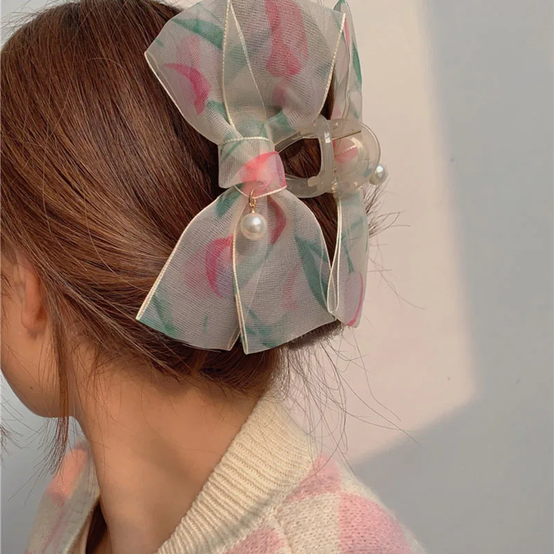 

Tulip Bowknot Yarn Hair Claw Clip for Women Girls Korean Sweet New Fashion 2023 Spring Summer Crab Hairpin Beach Barrette