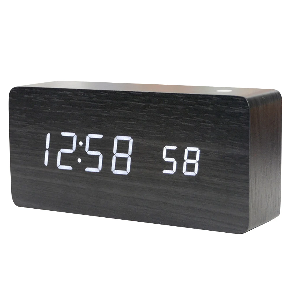 

LED Wooden Digital Alarm Clock Snooze Voice Control Timer Thermometer Black