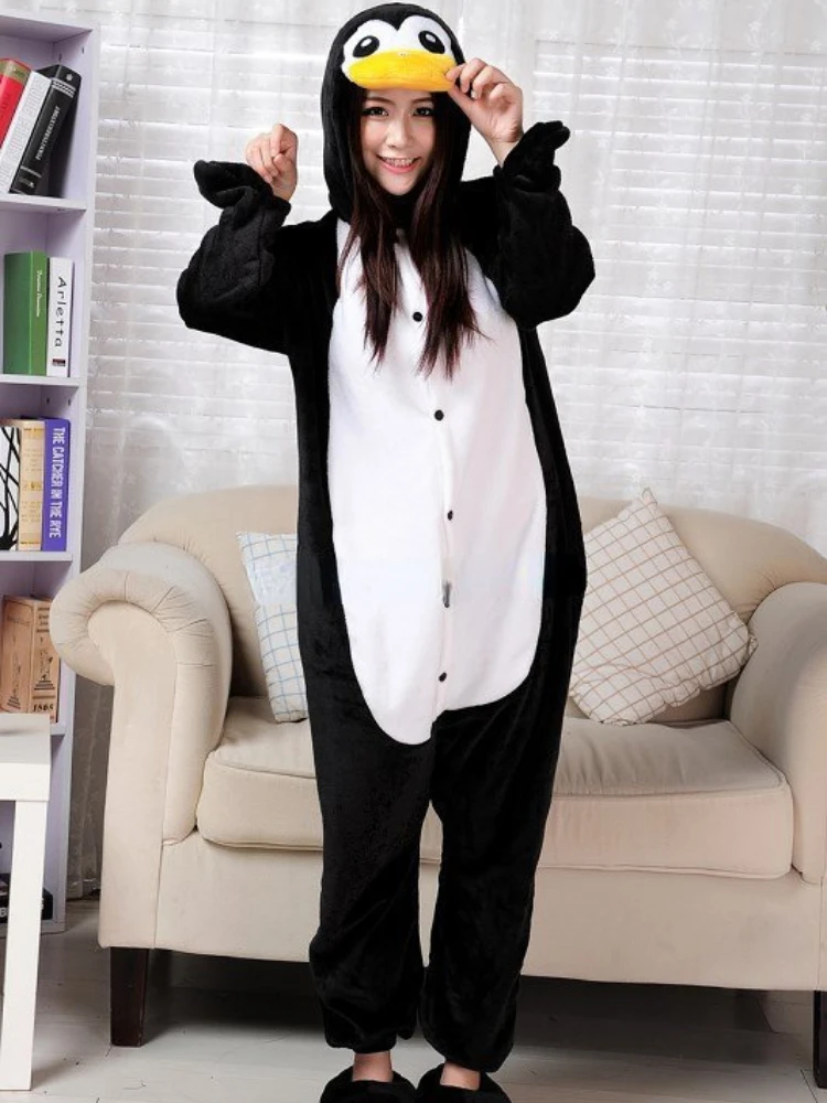 Cartoon Animal Kigurumi Black Penguin Unisex Adults Flannel Onesies Pajamas Women Sleepwear One-piece Home Wear gift  dress