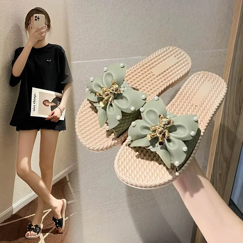 Women  Bohemia Flip Flops Floral Bow Sandals Flax Slippers Summer Casual Slides Beach Shoes Ladies Indoor Linen Slippers