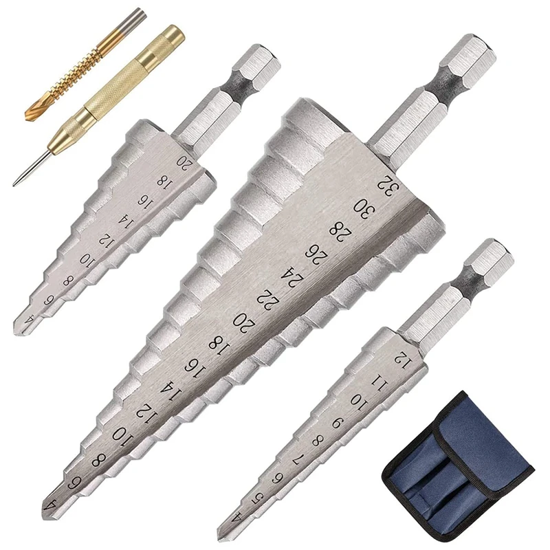 

Step Drill, Hex Shank Step Drill Set, Professional Step Drill 3-Piece 4-12/4-20/4-32Mm For Metal, Brass, Wood, Plastic