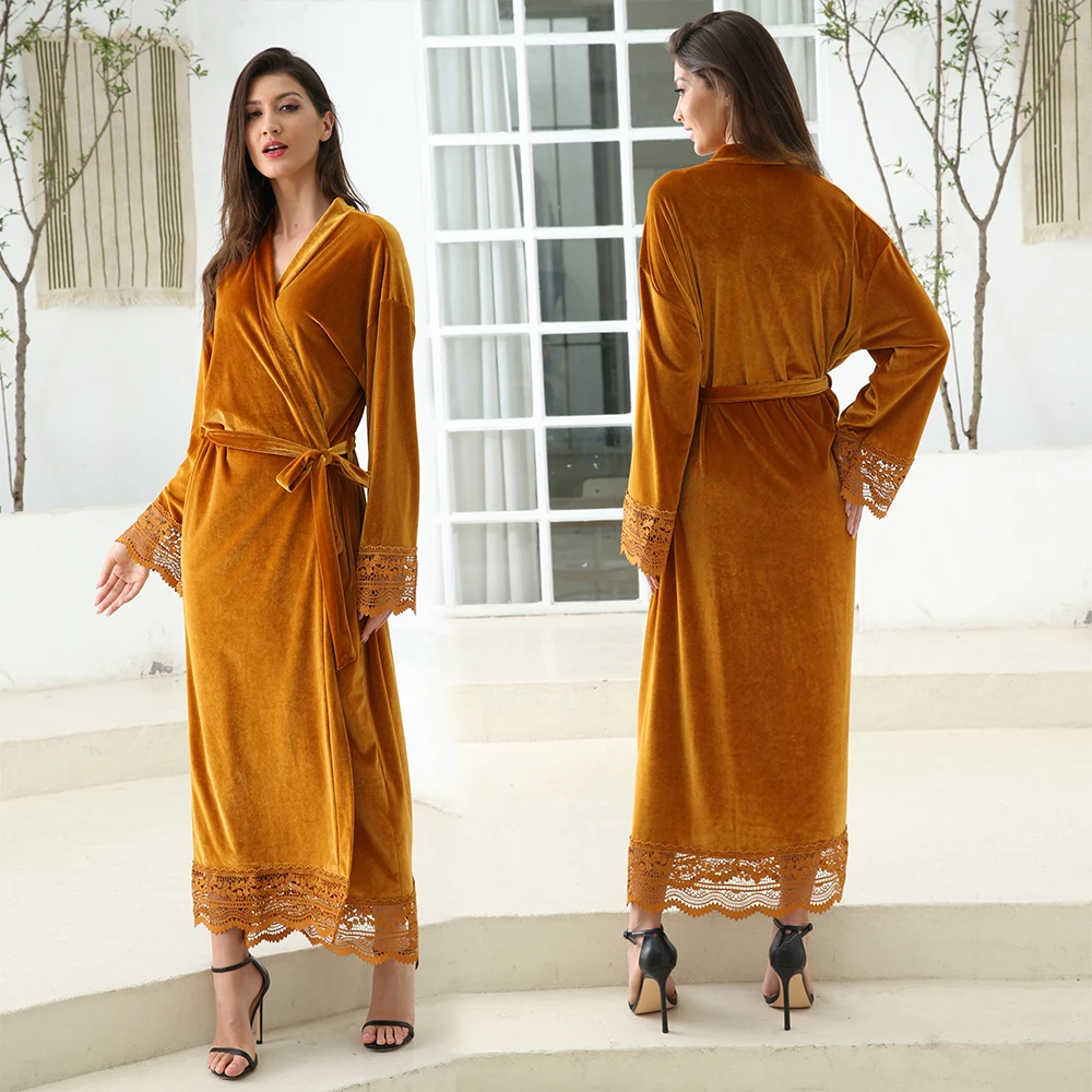 Long Solid Velvet Robe Bridal Robe Bridesmaid Robes Lace Trim Wedding Robe Sleepwear Bathrobe Dressing Long Gowns Length 130cm