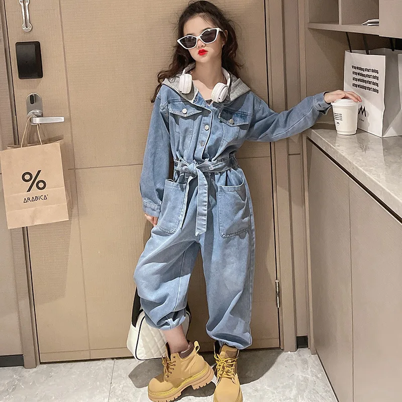 

Teen Girl Denim Jumpsuits Fashion Hoodie Belt Blue Jeans Outfit Clothes Set Kids Girl 10 12 13 14 15 16 years old
