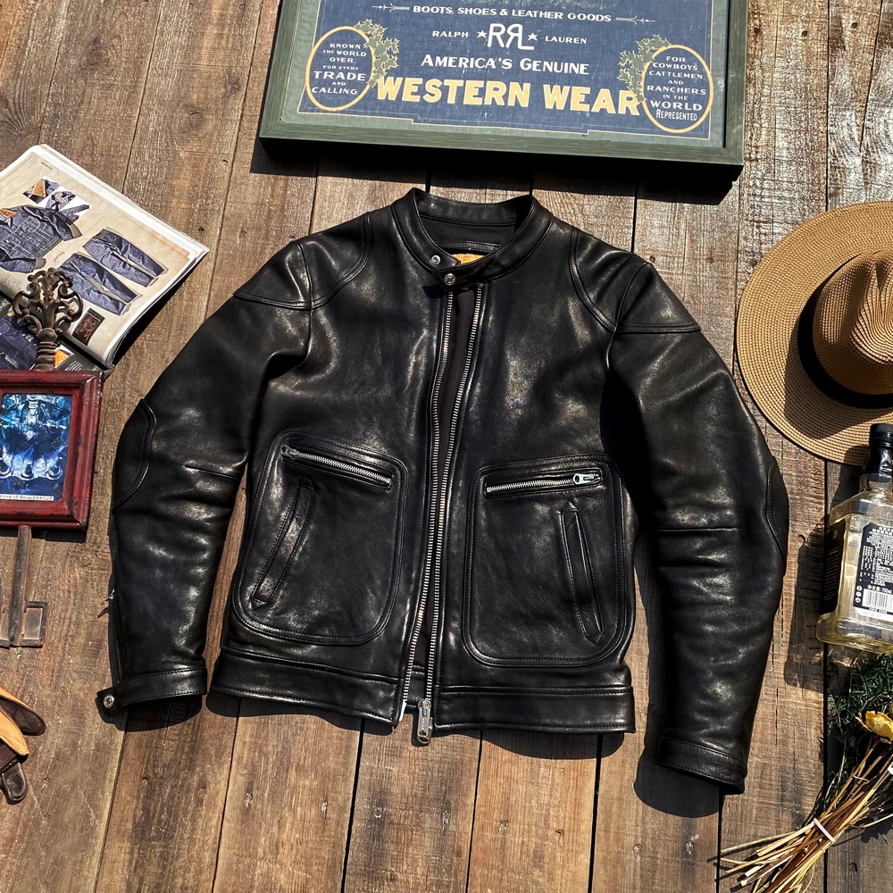 YR!Free shipping.2022 black classic rider genuine leather jacket.Luxury Italy tanned sheepskin coat.Men heavy bomber leather
