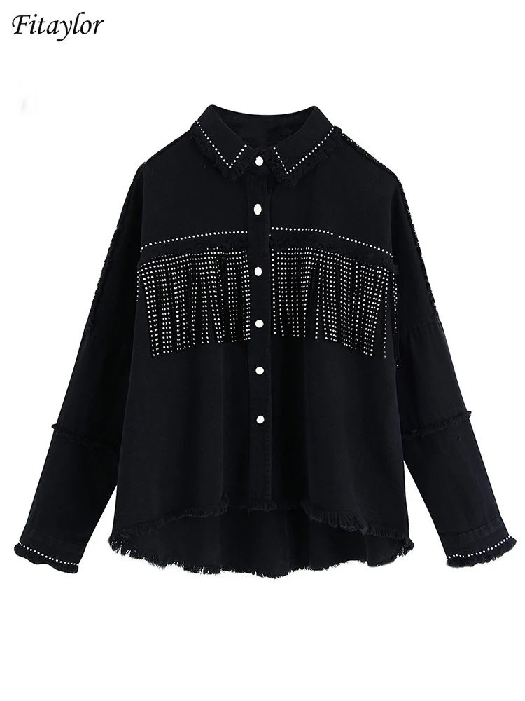 

Fitaylor Spring Autumn Vintage Female Long Sleeve Coat Women Tassel Beaded Loose Denim Jacket Casual Frayed Hem Chic Jacket