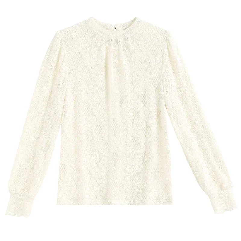 Новая кружевная женская блузка с круглым вырезом и бисером длинным рукавом