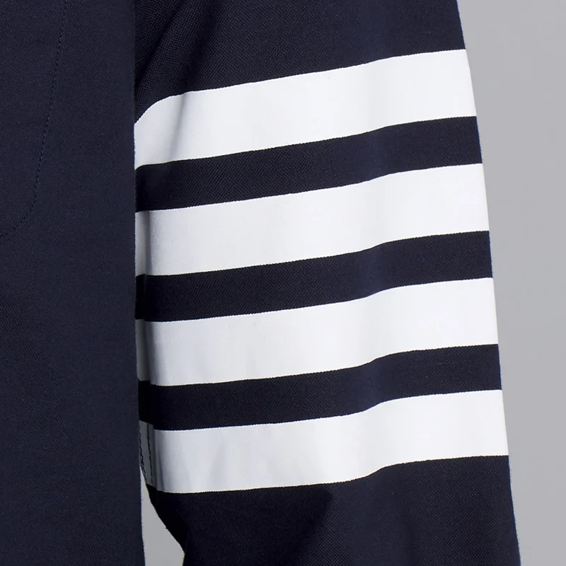 TB THOM Men's Shirt Navy Fashion Top Brand 4-Bar White Stripes Casual Oxford Fine Cotton Long Sleeve High Quality Women's Shirts