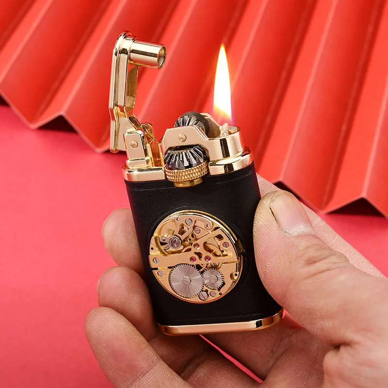 

CHIEF Leather Retro Kerosene Lighter Creative Grinding Wheel Ignition Gear Linkage Mechanical Watch Movement Dial Lighter