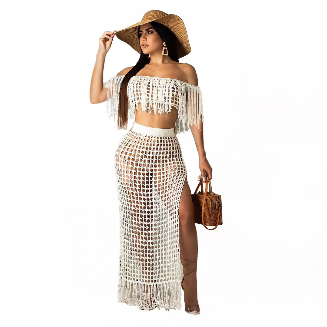 

Women 2 Pieces Beachwear Outfits Solid Color Hollow-Out Tassel Off Shoulder Cover-Ups Slit High Waist Sarong Long Skirts Set