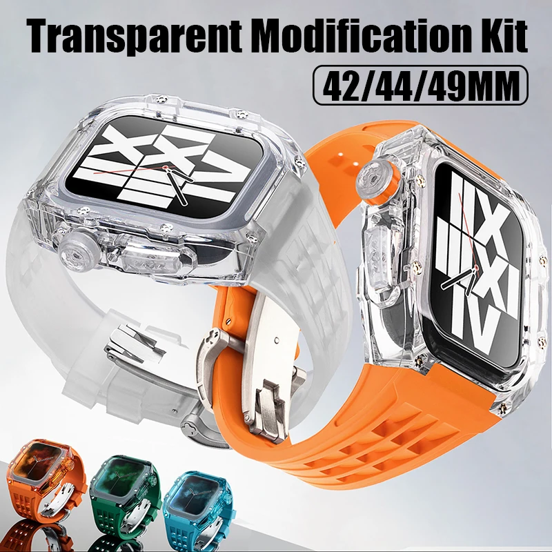 

Case+Strap For Apple Watch Ultra 49mm 44mm 45mm Rubber Band Transparent Modification Kit For iWatch 8 7 6 5 SE Luxury Mod Kit